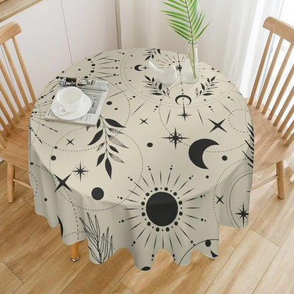 Sun Moon Round Tablecloth Vintage Boho Astrology Star Crescent Galaxy Space Table Cloth Water Resistant Wipeable Table Cover for Farmhouse Picnic Party Holiday Kitchen Dinner Table 50"