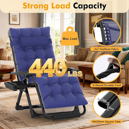 Slendor Oversized Zero Gravity Chairs XL, 29in Padded Recliner Chair, Blue | Reclining Lounge Chair, Folding Anti Gravity Chairs w/Aluminum Alloy Lock,Headrest,Cup Holder, Support 440lbs,for Lawn Patio