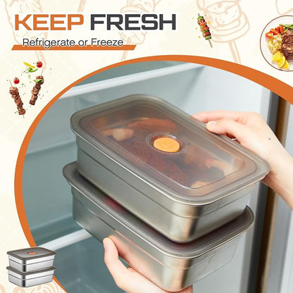 4 Pcs Grill Prep Set – Stainless Steel BBQ Prep & Serve Tray, Marinade Containers with Lids and Cutting Board for Outdoor Grilling, BBQ, Marinating (Deep Tray)