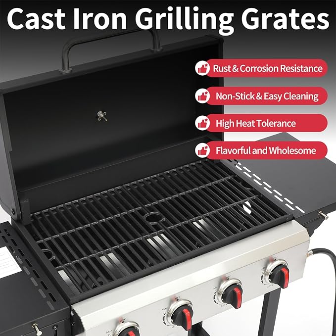 4-Burner Propane Gas Grill with Cast Iron Grate, 40,000 BTU Output & 302 Sq. Inch Cooking Space, Easy-Clean System & Foldable Side Tables for Outdoor BBQ (4-Burner)
