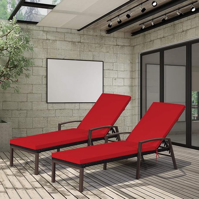 Tangkula 2 PCS Patio Rattan Chaise Lounge Chair, Outdoor Reclining Chaise with Cushion and Armrest, Wicker Sun Lounger with Adjustable Backrest for Garden, Balcony, Poolside