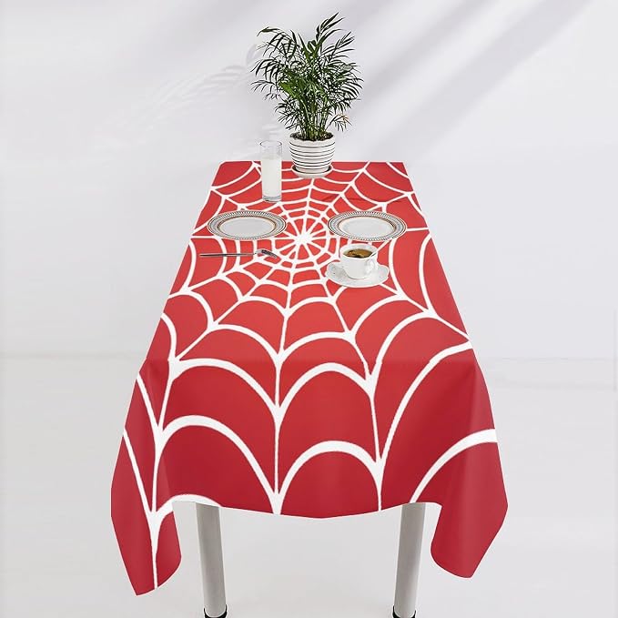 Spider Web Hero Tablecloth, White Spiderweb Red Cobweb Water Resistant Wipeable Table Cover for Picnic Party Holiday Kitchen Dinner Table 60"x110"