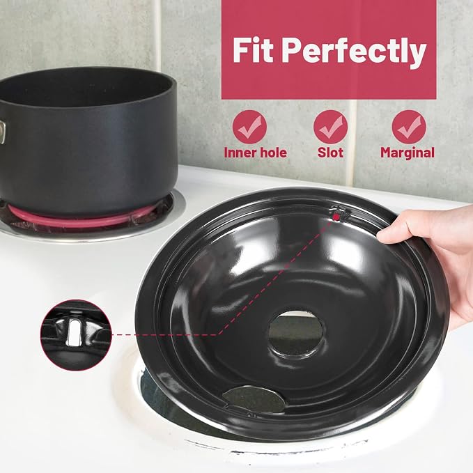 WB31M19 and WB31M20 GE Drip Pans for Electric Stove, 10% Energy Save by Enamel Spraying Prevent Bending and Rust -Includes a Set of 4 Black Stove Drip Pans(2 * 6+2 * 8)