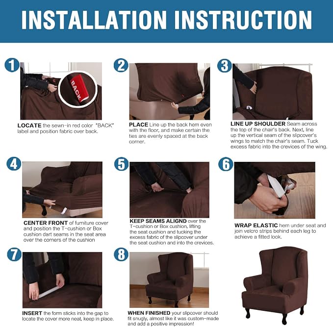 H.VERSAILTEX Wingback Chair Covers Velvet Plush Wing Chair Slipcover 1 Piece High Stretch Wing Back Chair Slipcovers Sofa Cover Furniture Cover with Elastic Bottom, Brown