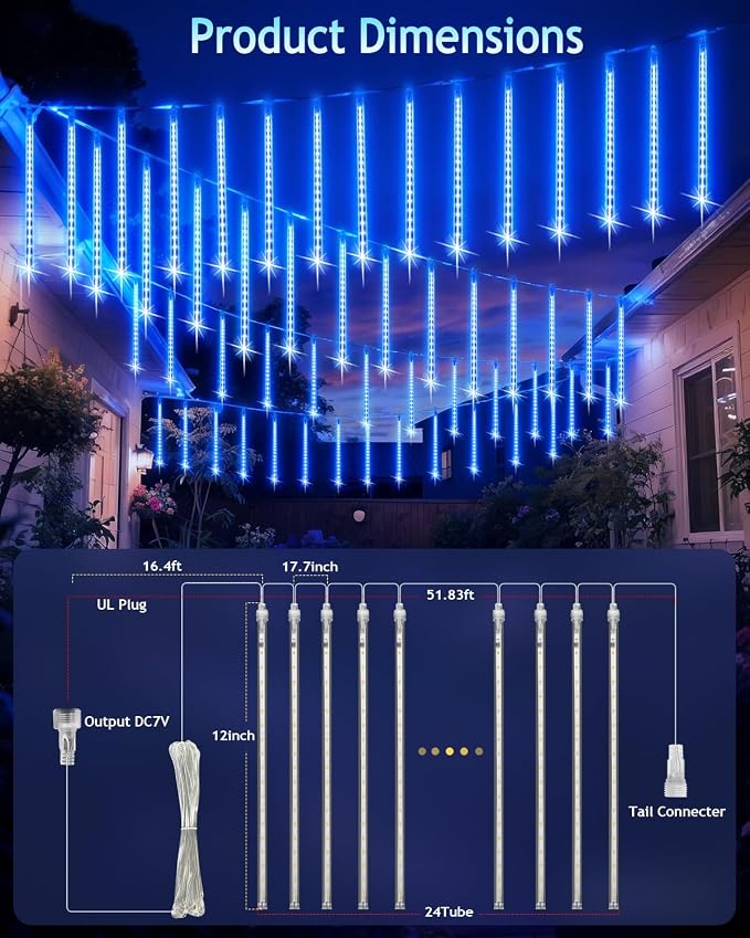 PEMOTech Christmas Lights Outdoor,24 Tubes 30cm 576 Led Meteor Shower Lights, Waterproof Christmas Decorations Icicle Light for Xmas Tree Halloween Party, Outdoor Christmas Decorations,Ul Plug,Blue