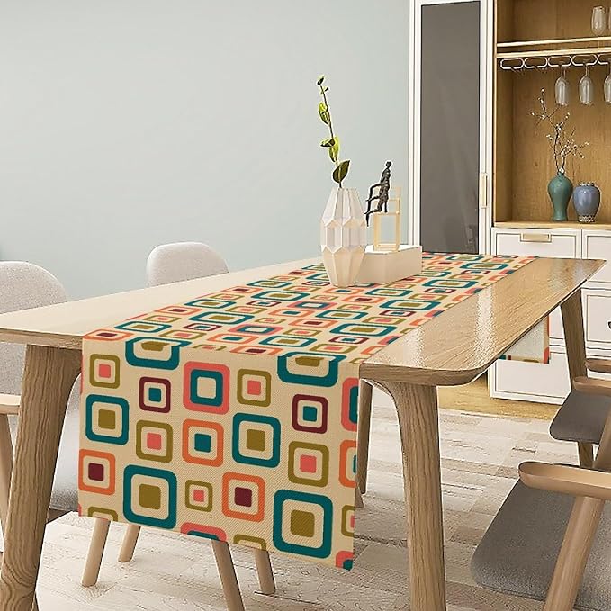 Mid Century Table Runner，Aesthetic Mid Century Retro Decorative 50`s, 60's, 70's Style Vintage Moder for Kitchen Dining Modern Tables Decor 13x36Inch