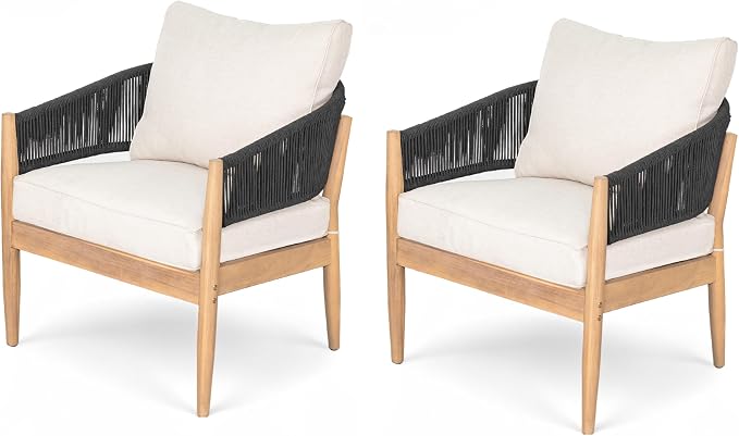 Christopher Knight Home Naomi Set of 2 Patio Acacia Wood Club Chair with Cushions, Handwoven Rope Lounge Chair Outdoor for Porch/Backyard, Stylish Garden Seating with Curved Backrest, Beige + Black