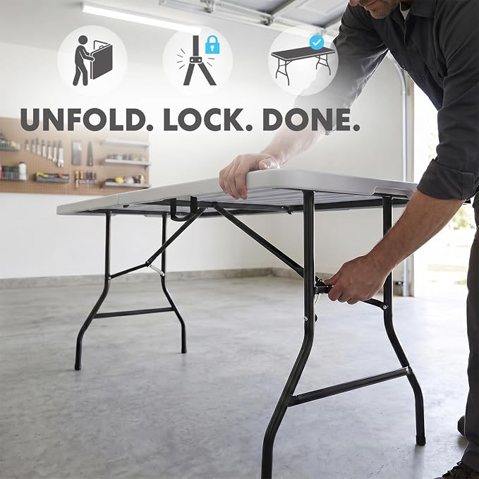 SIMPLI-MAGIC 8ft Portable Plastic Folding Table – Indoor & Outdoor Heavy-Duty Foldable Utility Table w/Handle for Party & Camping (White)