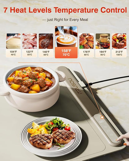 Warming Mat for Food (24"x16") - iTRUSOU 7-Level Electric Warming Tray with 400W High-Power, Timer 0–99H & Built-In Strap - Rollable Large Food Warming Mat for Parties & Buffet