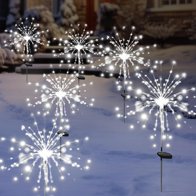 Christmas Solar Garden Firework Lights Outdoor Waterproof, 6 Pack Solar Powered Art Stake Twinkle Lighting for Outside Decor, 120 LED Sparklers String Lights for Yard Pathway Decorations (White)