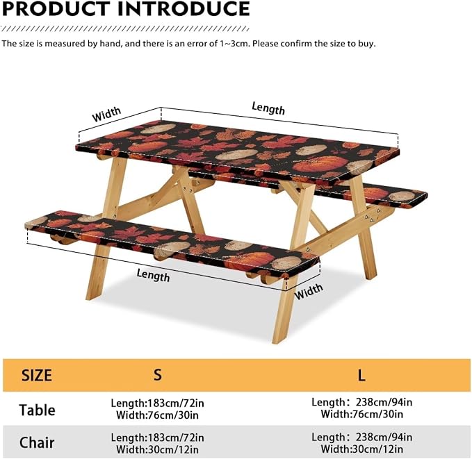 Thanksgiving Elastic Fitted Table Cloth for Outdoor Camping Red Maple Leaf Pumpkin Camping Table Cloth for Picnic Table 3 PCS Set