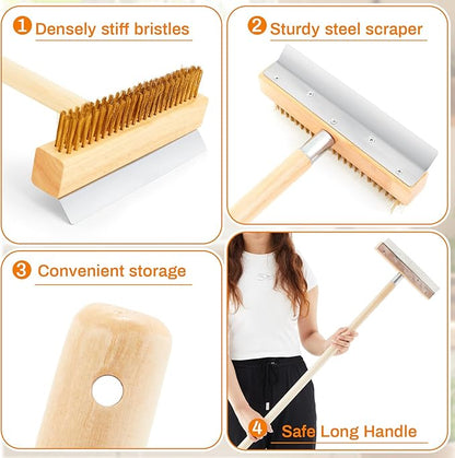 Reallnaive 2 Pack 37 Inch Wood Handle Pizza Oven Brush with Scraper Outdoor Pizza Oven Cleaning Brush Tool, Aluminum Threaded Tip, Brass Bristles with Steel Scraper
