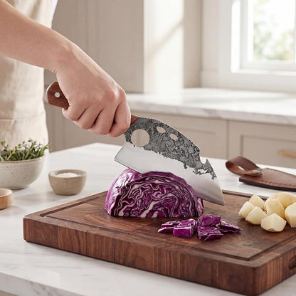 KOFERY Serbian Cleaver Hand Forged Viking Butcher Knife with 4Cr13 High Carbon Steel Full Tang for Camp Cooking, Outdoor BBQ, Butchering Meat & Fish, Includes Leather Sheath and Sharpener