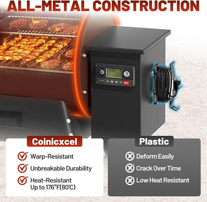 All-Metal Magnetic Power Cord Organizer with Strong Magnet, Coinicxcel Cable Holder for Most Wood Pellet Grill Smoker with Open Plug Slot & Hook, Suit for Traeger Grill Accessories, BBQ Accessories