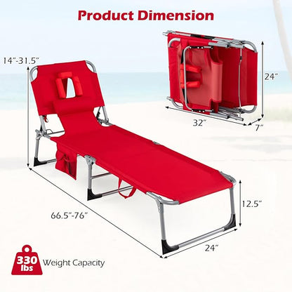 COSTWAY Tanning Chair with Face Hole, Folding Beach Lounge Chair with 4-Position Adjustable Backrest, Pillow & Side Pocket, Foldable Chaise Lounge Chair Outdoor for Sunbathing, Camping (2, Red)