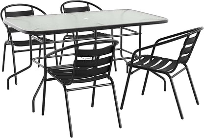 Flash Furniture Lila 5 Piece Patio Dining Set - 55" Tempered Glass Patio Table with Umbrella Hole - 4 Black Metal Aluminum Slat Stack Chairs