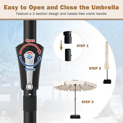 Tangkula 9 FT Patio Umbrella with Base Included, 2-Tiers Outdoor Scalloped Table Umbrella with 2 Sandbags, Tilt Adjustment, Crank, 8 Ribs for Market Backyard Pool Deck Beach Lawn