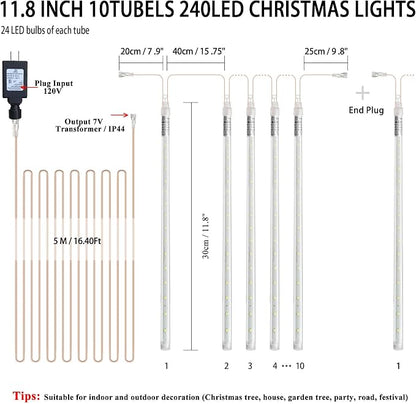 EEIEER Meteor Shower Lights, 11.8 inches 10 Tubes 240 LED Christmas Meteor Lights Snowfall Light for Outdoor Decoration, Waterproof Falling Rain Drop Light for Garden Tree Party Holiday-Blue