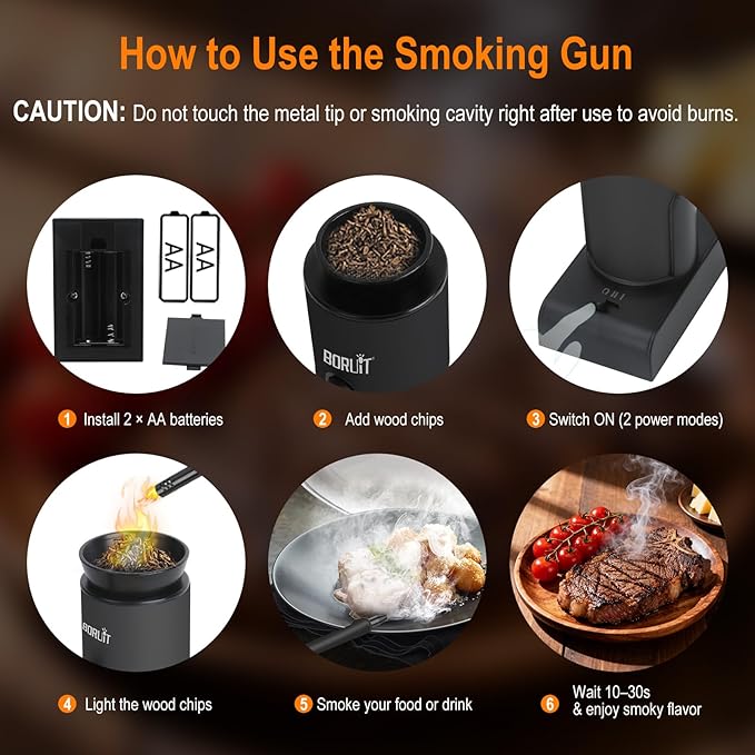 BORUIT Smoking Gun Cocktail & Food Smoker Kit, 2-Speed Portable Cold Smoke Infuser for Cocktails, Whiskey, Meat, BBQ, Cheese – Includes Wood Chips & Accessories, Ideal Gift for Foodies – Black