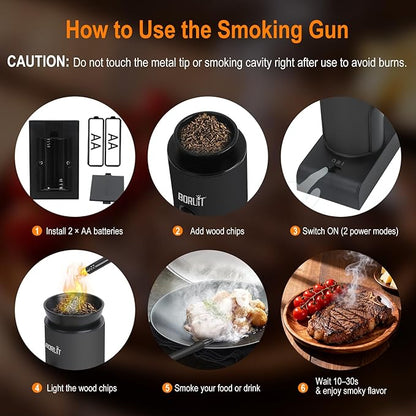 BORUIT Smoking Gun Cocktail & Food Smoker Kit, 2-Speed Portable Cold Smoke Infuser for Cocktails, Whiskey, Meat, BBQ, Cheese – Includes Wood Chips & Accessories, Ideal Gift for Foodies – Black