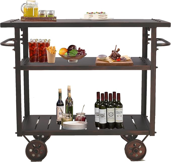 Topower Industrial Bar Cart, Serving Cart with Wheels and Handle, 3-Tier Beverage All-Metal Cart with Removable Tray and Storage Shelves for Living Room Kitchen, Rustic Copper
