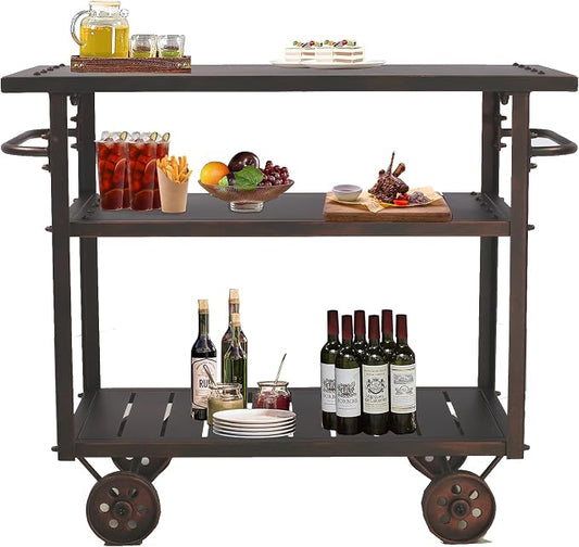Topower Industrial Bar Cart, Serving Cart with Wheels and Handle, 3-Tier Beverage All-Metal Cart with Removable Tray and Storage Shelves for Living Room Kitchen, Rustic Copper