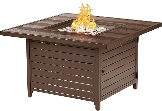 Oakland Living Square 42 in. x 42 in. Aluminum Propane Fire Pit Table with Glass Beads, Two Covers, Lid, 57,000 BTUs in Brown Finish