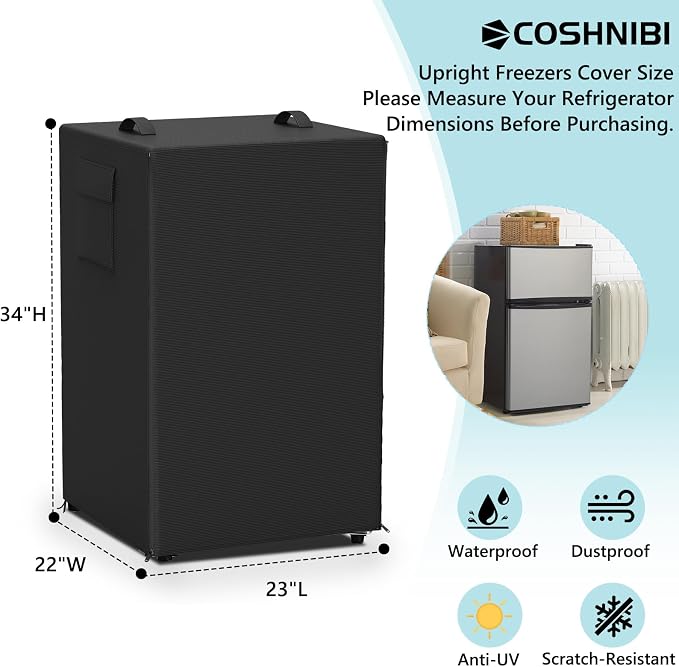 COSHNIBI Outdoor Refrigerator Cover,420D Oxford Waterproof Upright Freezer Cover,Front Can Be Rolled-Up by Zippers (23"Lx22"Wx34"H)