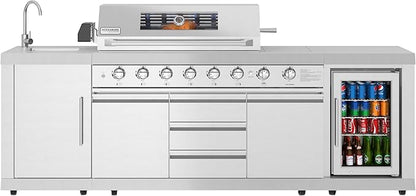 KoolMore Reserve Outdoor Kitchen Island with 6 Burner Grill and a Side Burner, Sink, Storage Cabinet and Beverage Refrigerator, CSA Listed in Stainless-Steel