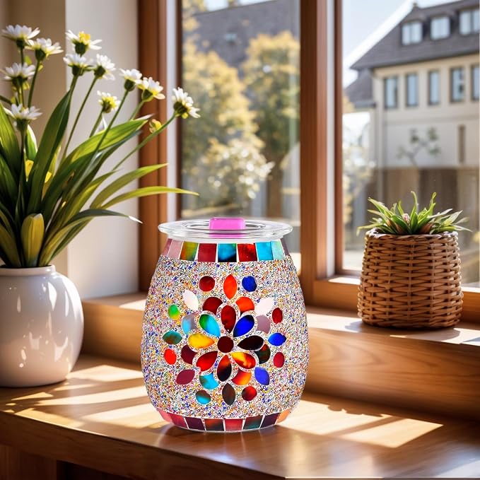 Dicimi Mosaic Glass Wax Warmer, Electric Oil Burner with Flameless Night Light, Scentsy Wax Melt Warmer for Scented Wax, Unique Candle Warmer Lamp for Home Office Bedroom Decor, Ideal Gift