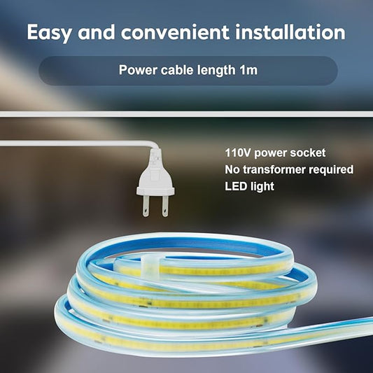 LED Lights 3.28FT, AC 110V COB LED Strip Lights with US Plug Waterproof IP67 1 Meter Flexible Rope Light 120V 4000K White LED Light Strip for Outdoor and Indoor Kitchen Cabinets Lighting