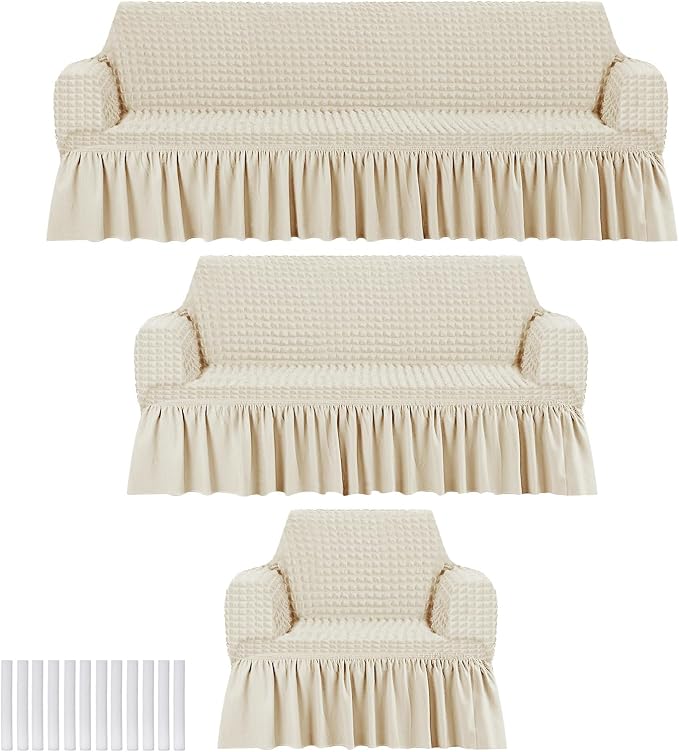 Fanfanwin 3 Pcs Sofa Slipcover Set for Couch Cushion Durable Washable High Elastic Stretchable Furniture Couch Covers with Skirt for Sofa Loveseat Arm Chair(Beige,Seersucker)