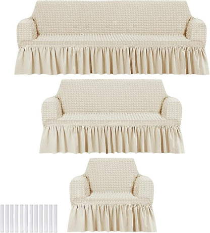 Fanfanwin 3 Pcs Sofa Slipcover Set for Couch Cushion Durable Washable High Elastic Stretchable Furniture Couch Covers with Skirt for Sofa Loveseat Arm Chair(Beige,Seersucker)