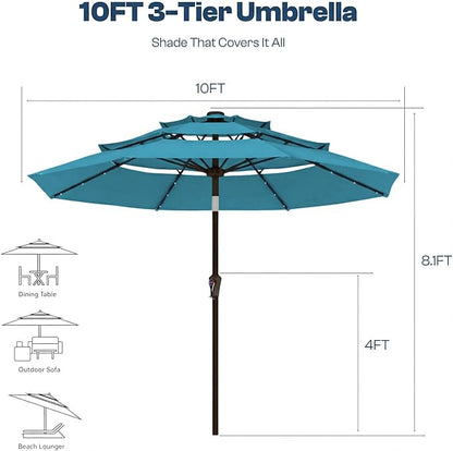 10ft 3-Tier Patio Umbrella with 32 Solar Powered LED Lights, Windproof Outdoor Market Umbrella for Deck, Poolside & Garden, Sturdy Push-Button Tilt Table Umbrella, Sky Blue