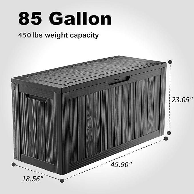 85 Gallon Resin Deck Box Outdoor Storage Box Waterproof for Patio Furniture,Outdoor Cushions,Garden Tools and Pool Supplies（Black）