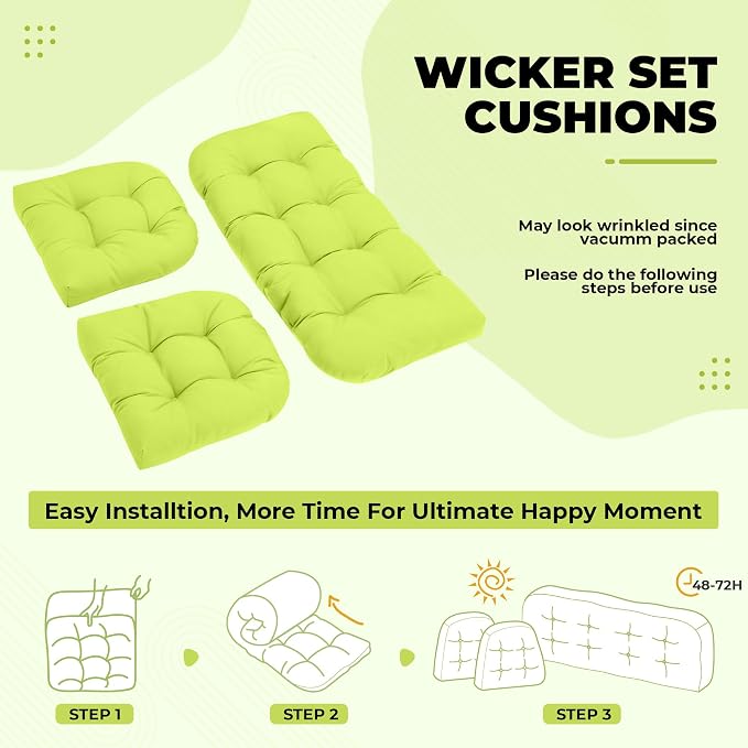 DANGHOOGY Wicker Chair Cushions, Waterproof Outdoor Loveseat Cushions for Patio Furniture, Tufted Wicker Furniture Cushions, 1 Loveseat and 2 U-Shaped Cushions, Light Green