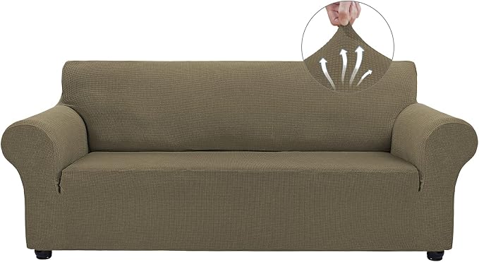 Asnomy Stretch Couch Covers for 3 Cushion Couch, Khaki | 1-Piece Sofa Covers(78"-94") 3-Seater Furniture Protector Soft Jacquard,Non-Slip Elastic Bottom For Dogs & Kids