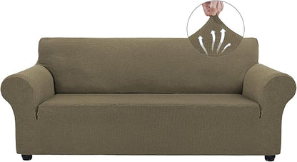 Asnomy Stretch Couch Covers for 3 Cushion Couch, Khaki | 1-Piece Sofa Covers(78"-94") 3-Seater Furniture Protector Soft Jacquard,Non-Slip Elastic Bottom For Dogs & Kids