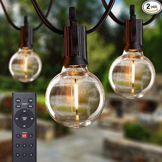 Brightown Outdoor String Lights with Remote, 2 Packs Each 38Ft 15 LED Patio Lights Outdoor Waterproof, String Lights for Outside, Dimmable Hanging Lights for Porch Balcony Bistro Cafe