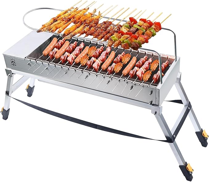 Free Standing Portable Stainless Steel Charcoal Grill USB Outdoor 17 Grill Slots for Outdoor BBQs, Camping, Tailgating & Travel Included Charcoal Grate & Fork (Silver)