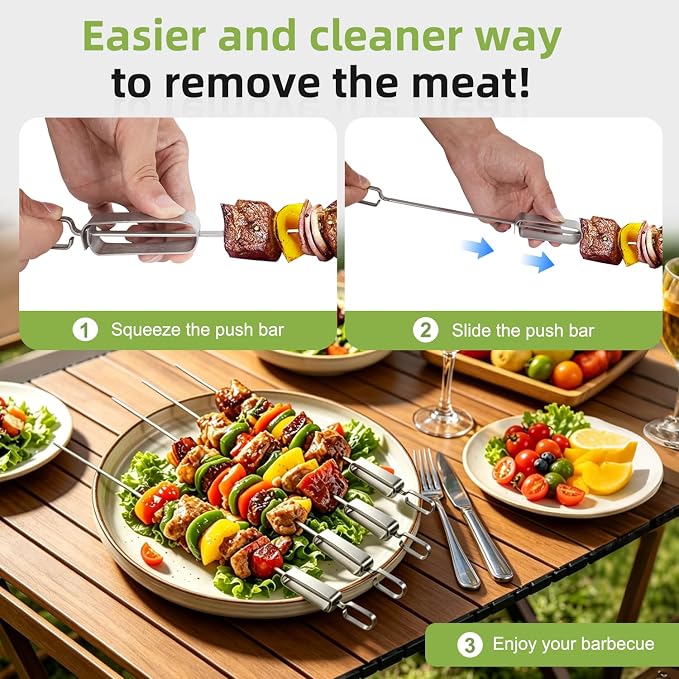 16.5" Metal Skewers for Grilling, Stainless Steel Flat Kabob Skewers | Reusable BBQ Skewers for Kebab Barbecue Grill with Push Bar, Heavy Duty Skewer Sticks for Outdoor Camping Kitchen Cooking