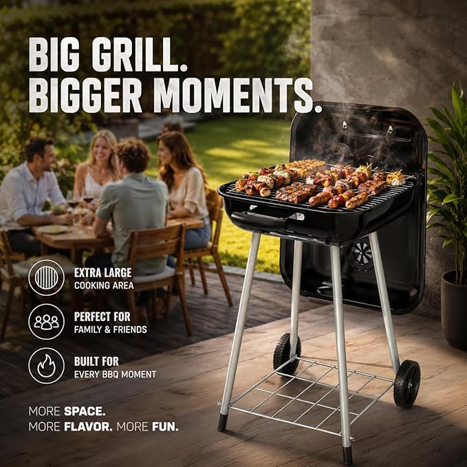 17.5-Inch Square Charcoal Grill with Wheels, 302 Sq In Cooking Surface Outdoor Barbecue BBQ, Porcelain-Coated Steel Freestanding Kettle Grill for Patio, Deck, and Backyard Gatherings, Black