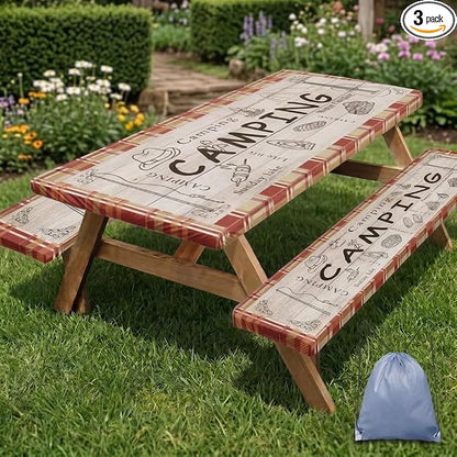 Picnic Table Cover with Bench Covers Elastic Edges, Red Camper Fitted Table Cover, Outdoor Patio Camping Essentials 72 Inch 3PCS, Waterproof Camping Fitted Tablecloth with Drawstring Bag