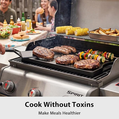 Utheer Griddle Kit, 16.5" x 10.5" Reversible Cast Iron Flat Top Griddle with 5-Piece Scratch-Free Nonstick Safe Nylon Tools, Ceramic Nonstick Grill Griddle for Stove Top, Gas Grill, BBQ and Camping