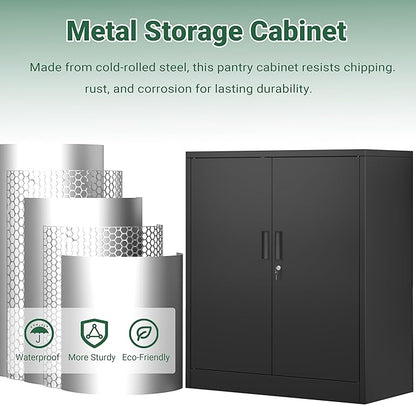 CJF Pantry Cabinet, Metal Pantry Storage Cabinets with Doors and 2 Adjustable Shelves, 36" H Locking Cabinet for Kitchen Storage, Home, Garage, Utility Room and Basement, Black