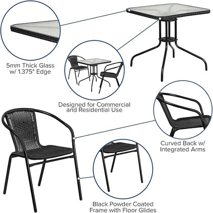 Flash Furniture Lila 28'' Square Glass Metal Table with Black Rattan Edging and 2 Black Rattan Stack Chairs