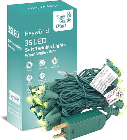 Heyworld Slow Twinkle Christmas Lights, 35 LED 10ft UL Certified Soft String Lights, 5mm Waterproof Fairy Glow for Indoor/Outdoor Christmas, Wedding, Garden Decor