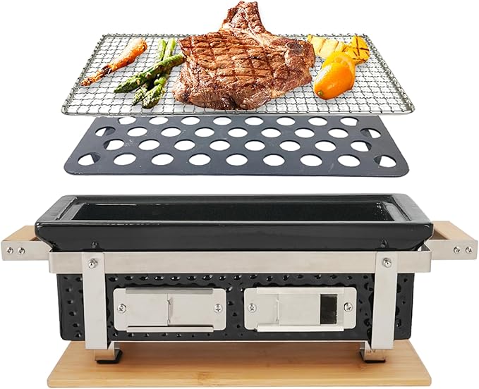Yakitori Ceramic Charcoal Grill, Japanese Style Tabletop BBQ With Bamboo Heat Shield For Indoor/Outdoor, Square, 16"x9"