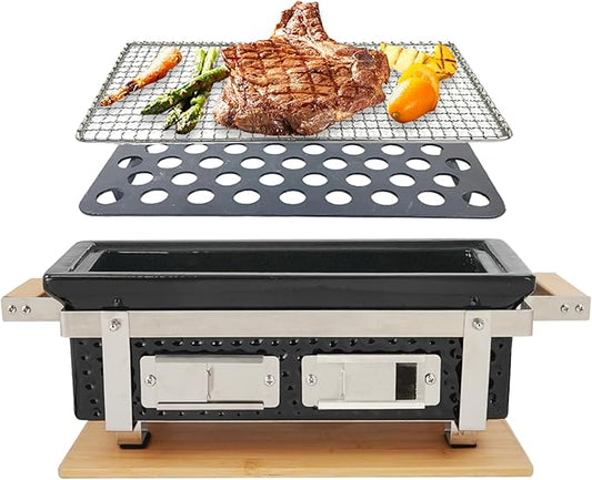 Yakitori Ceramic Charcoal Grill, Japanese Style Tabletop BBQ With Bamboo Heat Shield For Indoor/Outdoor, Square, 16"x9"