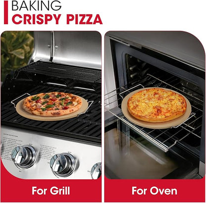 Unicook 12 Inch Round Pizza Stone for Oven and Grill, Comes with Carry Rack | Heat Resistant to 1450 ℉, Even Heating and Consistent Heat Retention, Crispy Crust for Fresh & Frozen Pizzas, Bread, Cookies
